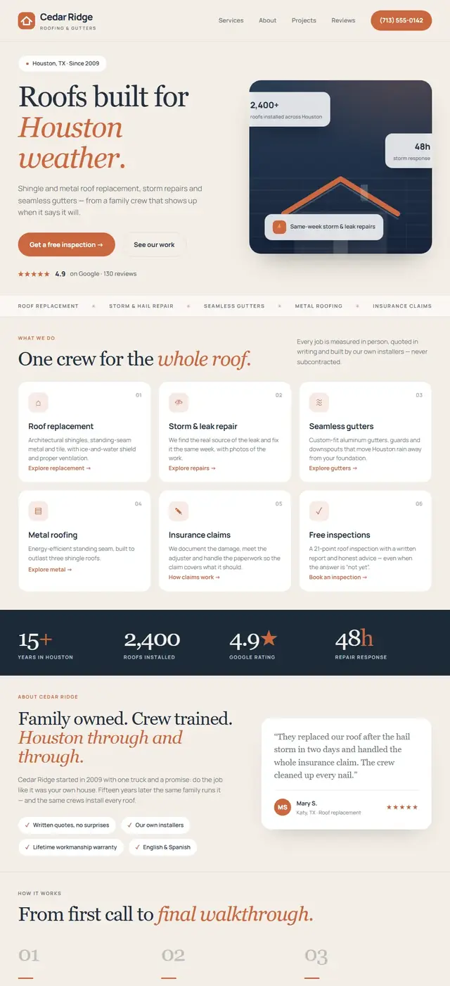 The redesigned Cedar Ridge Roofing website: stone background, navy and terracotta