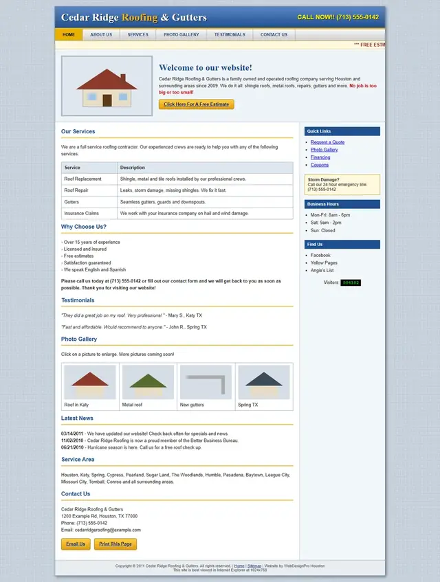 The original Cedar Ridge Roofing website: a dated layout with a gradient header and a visitor counter